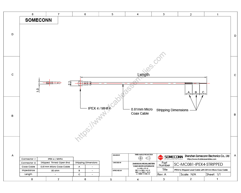IPEX4 to Stripped Lead Cable, MHF4 to Stripped Lead cable